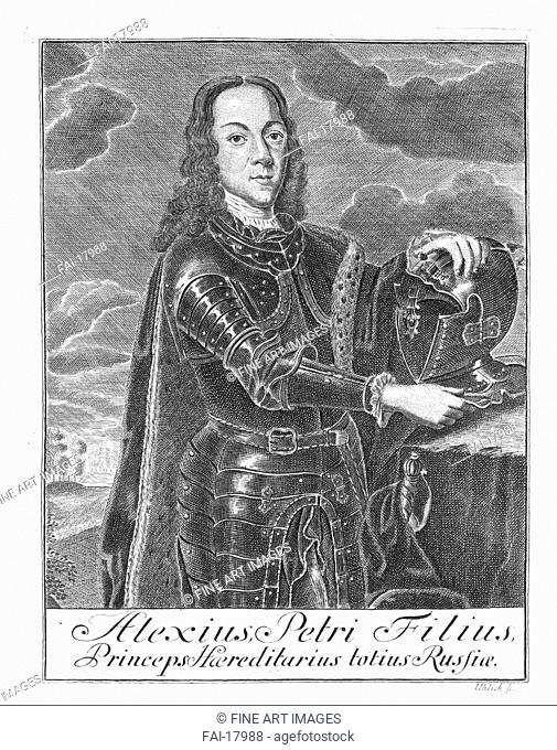 Portrait of Tsarevich Alexei Petrovich of Russia (1690-1718). Wortmann, Christian Albrecht (1680-1760). Copper engraving. Baroque. ca 1730