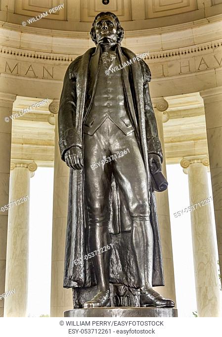 Bronze Jefferson Statue Jefferson Memorial Washington DC. Statue by Rudolph Evans 1947. Writer Declaration of Independence