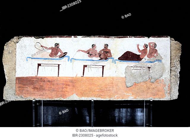 Tomba del Tuffatore, Tomb of the Diver, 480 BC, interior mural painting on the long side with a scene of a funeral meal with a singer