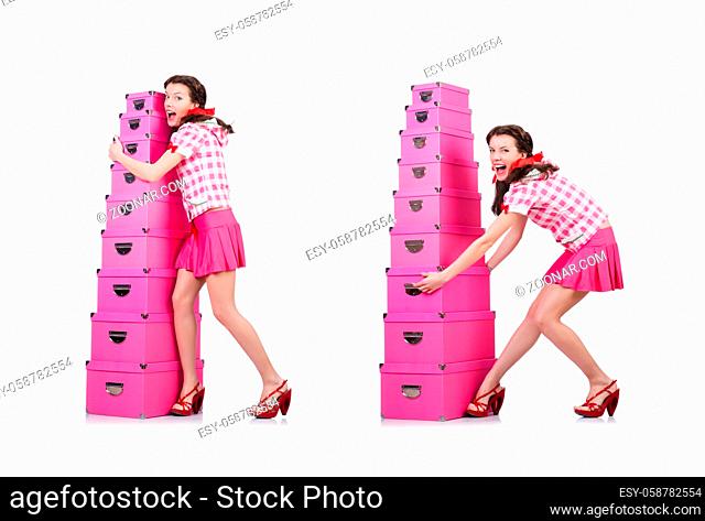 Young woman with storage boxes on white
