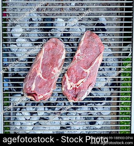 09 September 2023, Hamburg: Two steaks lie, still raw, on a charcoal grill. Photo: Markus Scholz/dpa/picture alliance/dpa | Markus Scholz