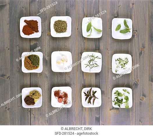 Assortment of herbs & spices used in Mediterranean cuisine