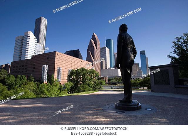 Statue Bush Monument Sesquicentennial Park Downtown Skyline Houston Texas USA