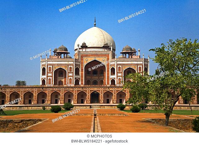 HUMAYUN'S TOMB was built of white marble and red sandstone in 1565 and is a fine example of MUGHAL architecture, India, New Delhi