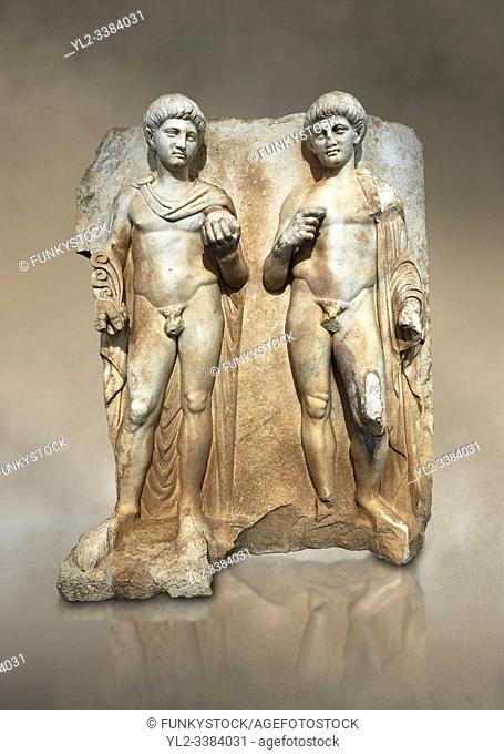 Roman Sebasteion relief sculpture of Two princes, Aphrodisias Museum, Aphrodisias, Turkey. Against an art background.