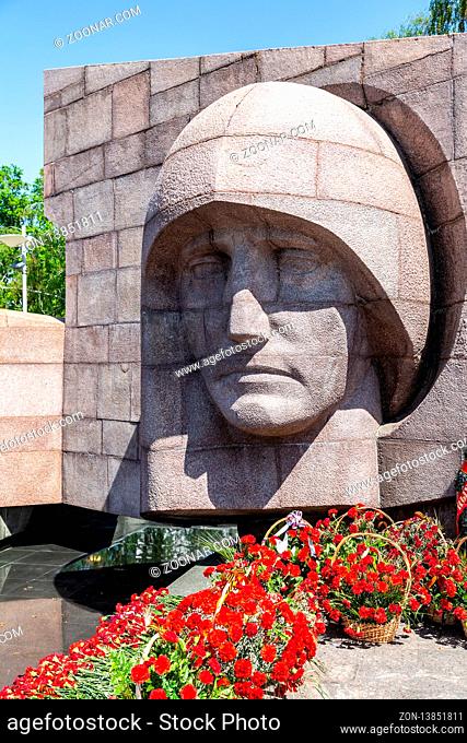 Samara, Russia - May 10, 2019: Memorial Complex and Eternal Fire on Glory Square and flowers in memory of the Victory in the Great Patriotic War
