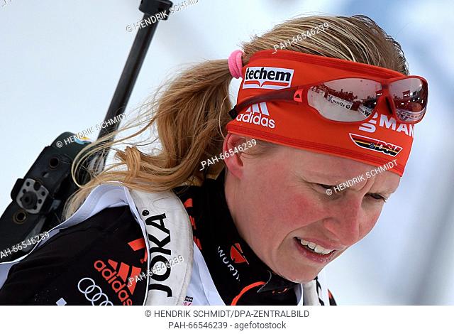 Franziska Hildebrand of Germany reacts in the finish area during the Women 15km Individual competition at the Biathlon World Championships