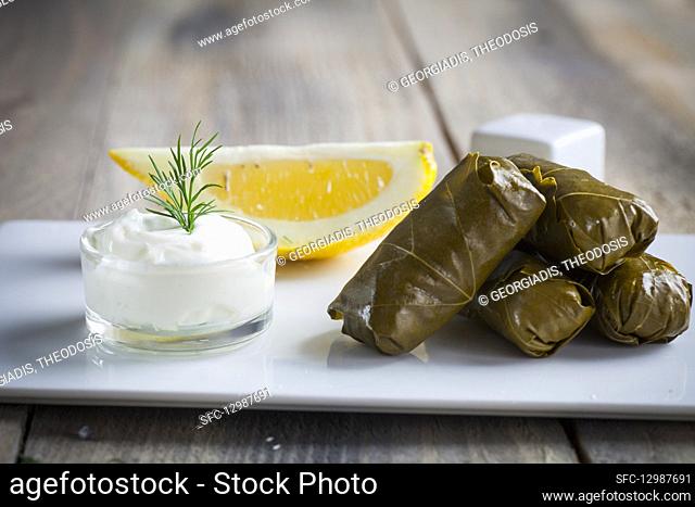 Greek dolmades with a yoghurt dip