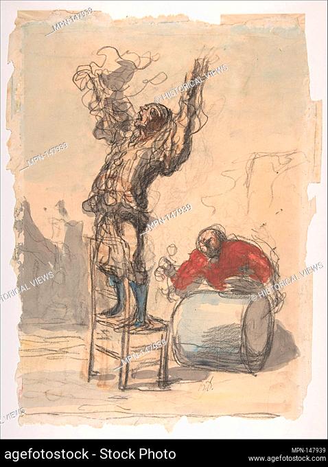 Street Show (Paillasse) (recto); a clown playing a drum (verso). Artist: Honoré Daumier (French, Marseilles 1808-1879 Valmondois); Date: 1825-79; Medium: Black...