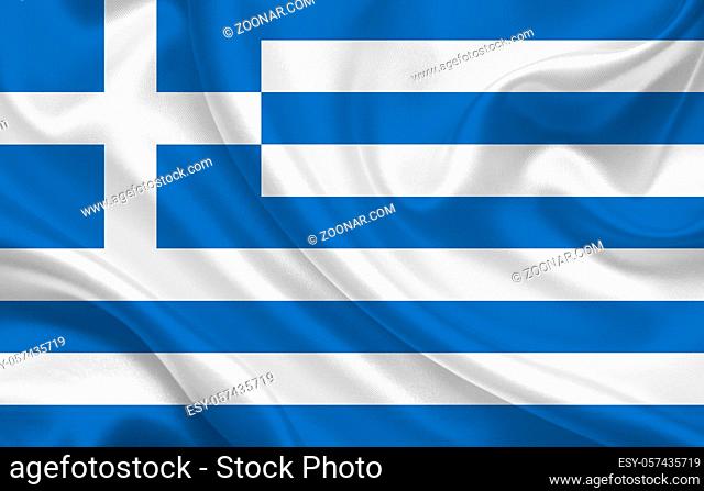 Greece flag on wavy silk fabric background panorama - illustration