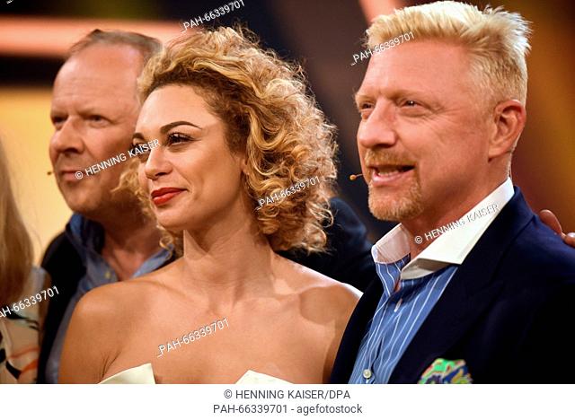 Tennis legend Boris Becker (L) and his wife Lilly (R) pose after the taping of ARD television show 'Paarduell XXL' in Huerth near Cologne,  Germany
