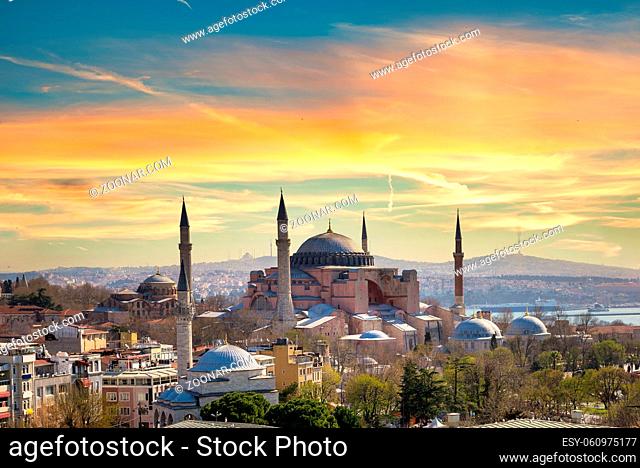 Sunny sunset over Hagia Sophia in Istanbul