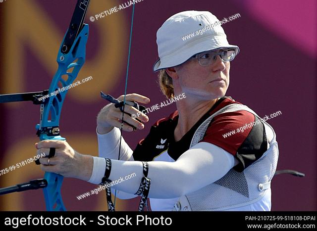 25 July 2021, Japan, Tokio: Archery: Olympics, Olympic Archery, Team, Women, Semifinals : Rus. Oly. Committee (Russian Olympic Committee) - Germany at...