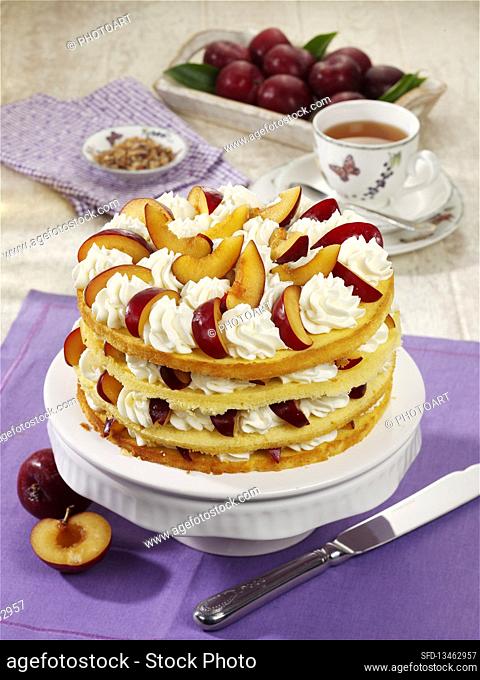 Mini layered plum cake with cream