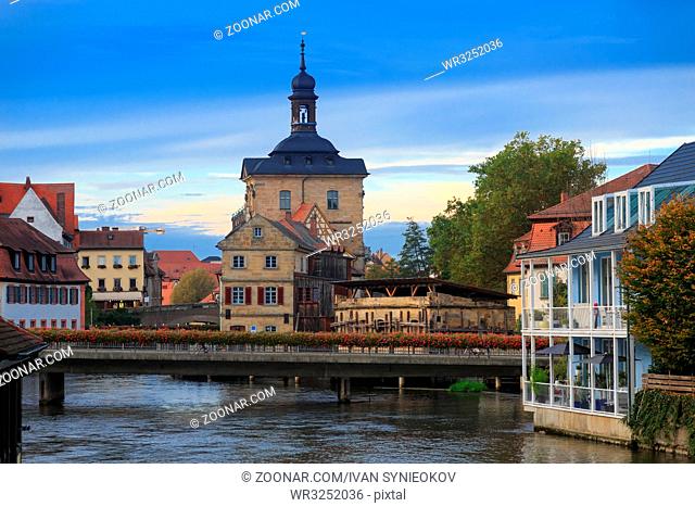 Bridges, Altes Rathaus and cloudy sky in Bamberg, Germany