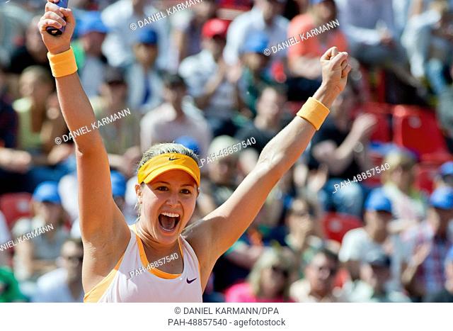 Canada's Eugenie Bouchard cheers after the match against Czechia's Karolina Pliskova during the final at the WTA tour in Nuremberg, Germany, 24 May 2014
