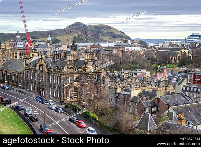 Johnston Terrace street seen from esplanade of Castle in Edinburgh, the capital of Scotland, part of United Kingdom, Holyrood Park on background