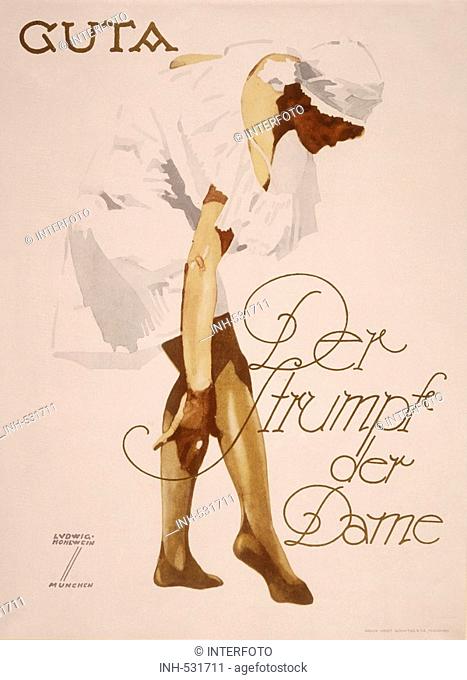advertising, clothing, stockings, Guta, Munich, 1920s, 20s, poster, design by Ludwig Hohlwein (1874 - 1949), fine arts, stocking, silk stockings, historical