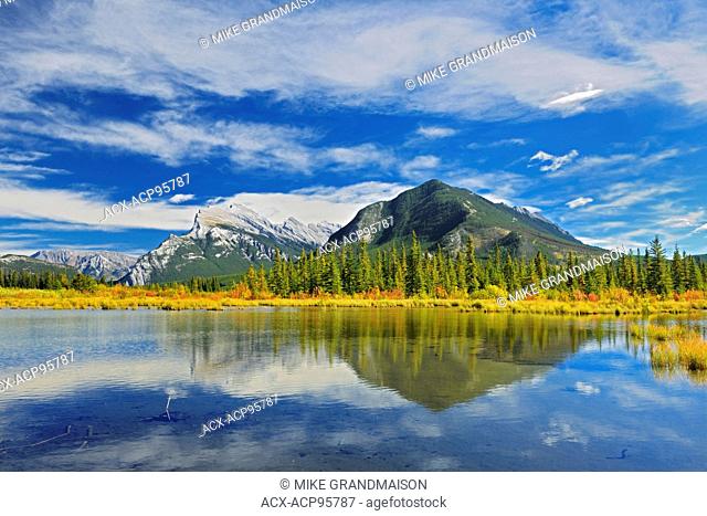 Mt. Rundle and Sulphur Mouantain reflected in Vermillion Lakes Banff National Park Alberta Canada