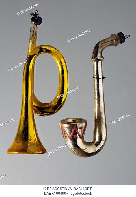 Wind instruments, 1920-1950, glass christmas decorations. 20th century.  Private Collection