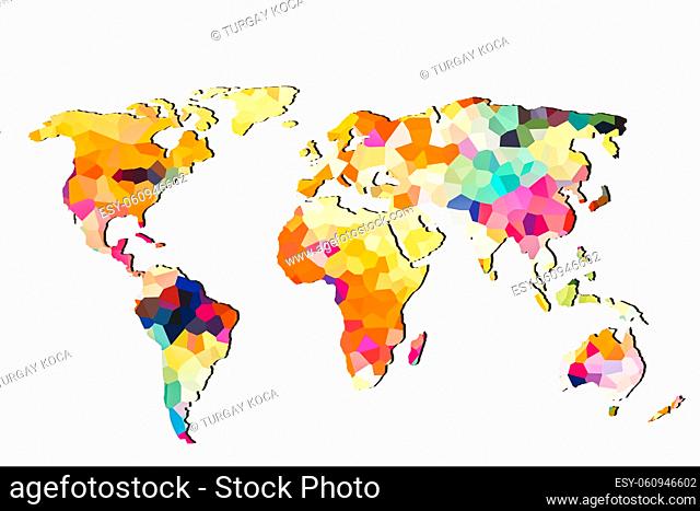 Roughly outlined world map with a colorful background patterns