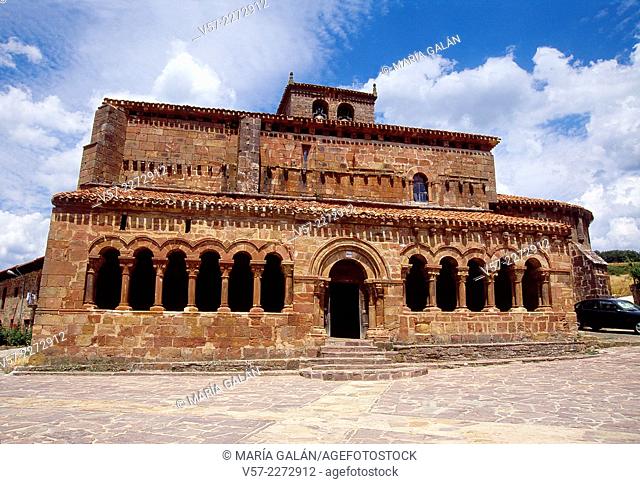 Facade of Romanesque church. Pineda de la Sierra, Burgos province, Castilla Leon, Spain