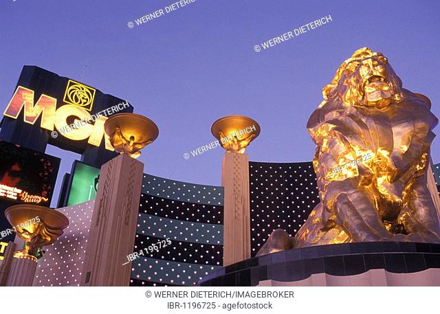 MGM Grand Casino in the evening, hotel, hotel casino, lion, Las Vegas, Nevada, USA