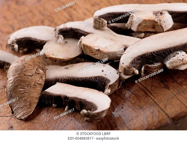 Fresh Sliced Portabella Mushrooms on a Cutting Board