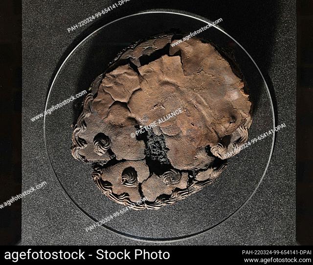 24 March 2022, Schleswig-Holstein, Lübeck: A charred cake lies in a display case at a press event for the exhibition ""Bittersweet - The Cake Find of Lübeck""...