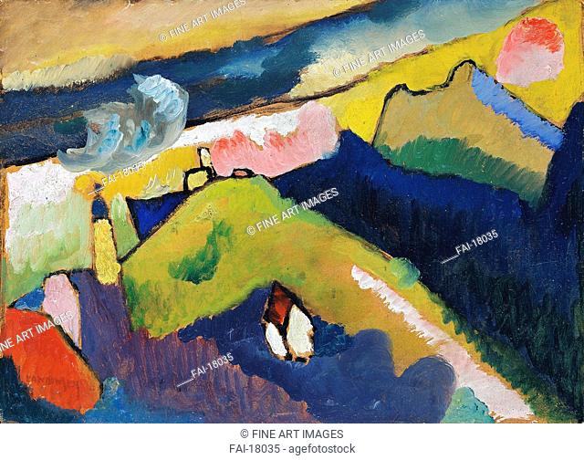 Murnau. Mountain Landscape with Church. Kandinsky, Wassily Vasilyevich (1866-1944). Oil on cardboard. Expressionism. 1910