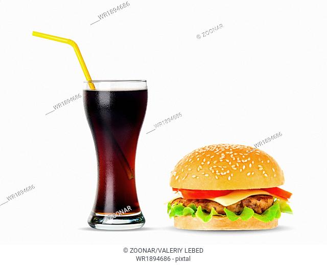 Cola and Big hamburger on white background