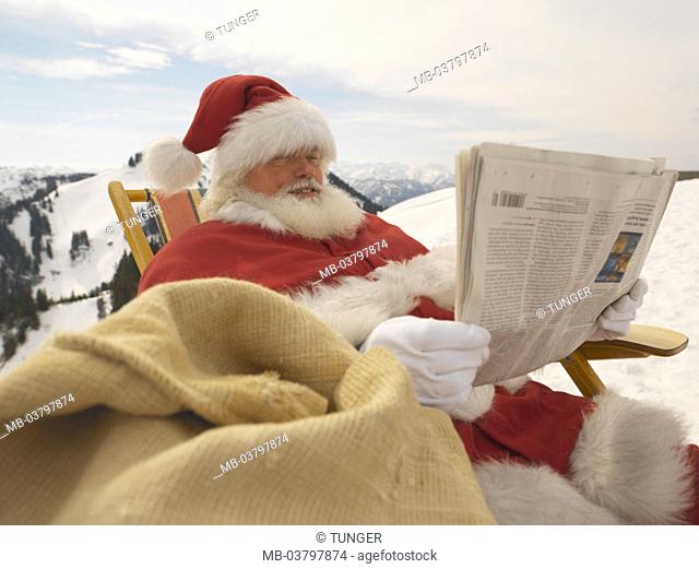 highland, Santa Claus,  Deck chair, relaxation, newspaper readings, Detail Christmas, man, recuperation, rest stress, rest pause relaxen, enjoying