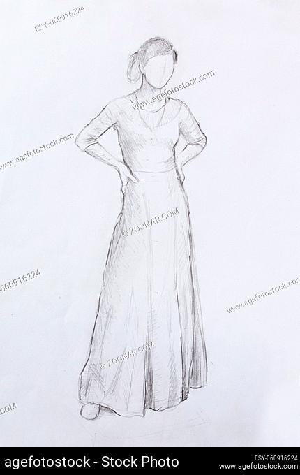 sketch of mystical woman in beautiful ornamental dress inspired by middle age design, with white background