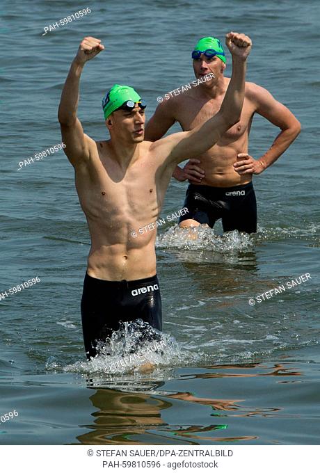 The men's winner of the 51st international Sound Swimming event is Tom Maron (front) from Bremen, in Stralsund, Germany, 4 July 2015