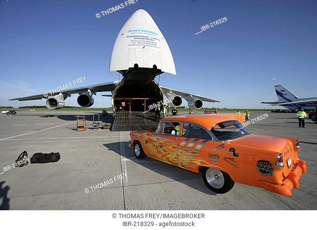 Sportscars competing in the illegal car-race Gumball 3000 are loaded into two Antonov cargo-aircrafts. Frankfurt/Hahn, Rhineland-Palatinate, Germany