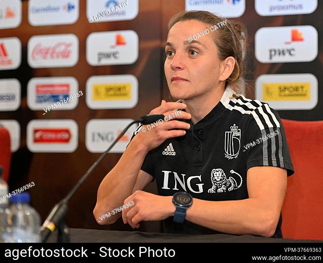 Belgium's Davina Philtjens pictured during a press conference of Belgium's national women's soccer team the Red Flames, Wednesday 20 July 2022 in Wigan, England
