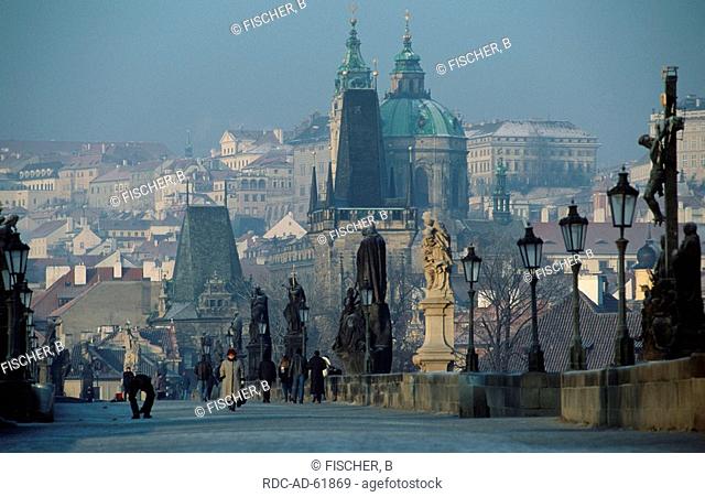 Charles Bridge with Lesser Quarter Bridge Towers and Prague castle Prague Czechia Hradschin