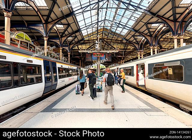 London, United Kingdom - May 14, 2019: Stansted Express Train on the platform at Victoria railway Station, Modern. Commuter Train inside the Victoria Railway