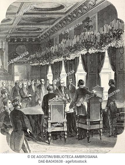 The Mayor of London being received at Hotel de Ville on June 7, 1855, Paris, France, illustration by Blanchard from L'Illustration, Journal Universel, No 642