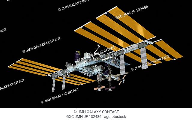Computer-generated artist's rendering of the International Space Station as of Feb. 18, 2011. The Japanese Kounotori2 H-II Transfer Vehicle (HTV2) relocates to...