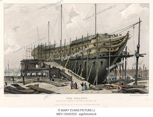 The 'Nelson' warship under construction on the Thames at Woolwich, London