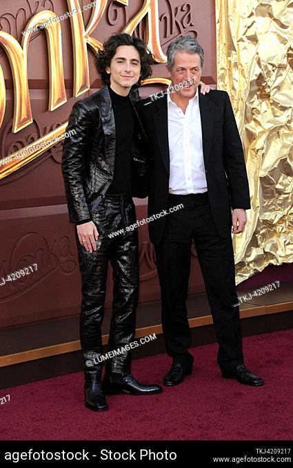 Timothee Chalamet and Hugh Grant at the Los Angeles premiere of 'Wonka' held at the Regency Village Theater in Westwood, USA on December 10, 2023