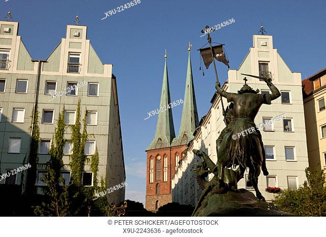 St George the dragon-slayer and Nicholas' Church, Nikolaiviertel or Nicholas' Quarter in Berlin, Germany, Europe