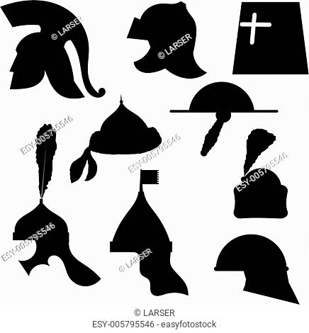 A set of silhouettes of medieval military helmets