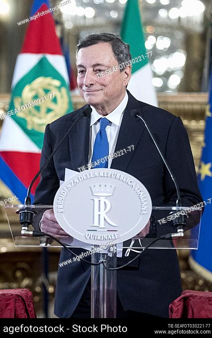 Former president of the European Central Bank (ECB) Mario Draghi delivering a speech after a meeting with the Italian President Sergio Mattarella at the...