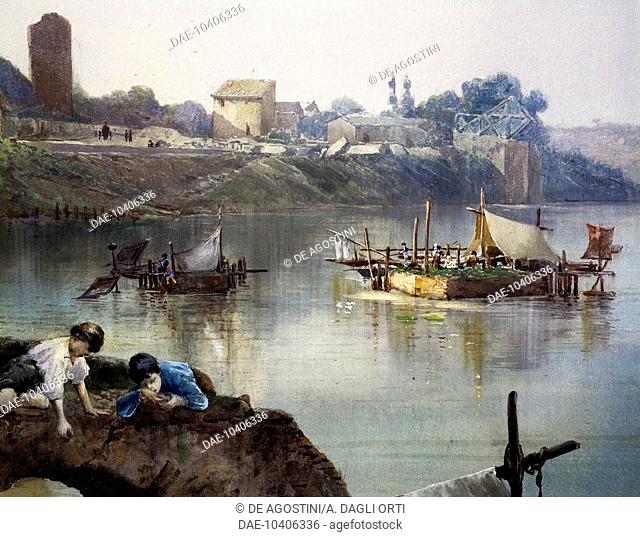 Fishermen's giornelli (fishwheels) on the Tiber near Porto di Ripa Grande in Rome, by Ettore Roesler Franz (1845-1907), watercolour