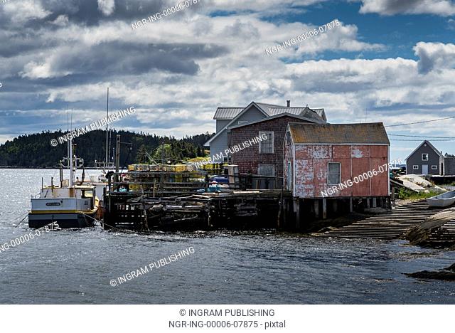 Fishing shed and boat at dock, West Dover, Halifax, Nova Scotia, Canada