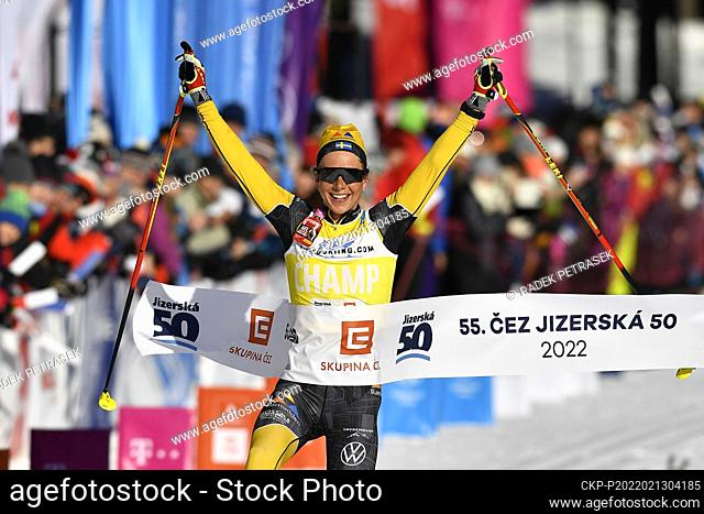 Ida Dahl of Sweden celebrates victory after the Jizerska padesatka 50km international Ski Classics Tour cross-country skiing race in Bedrichov near Liberec