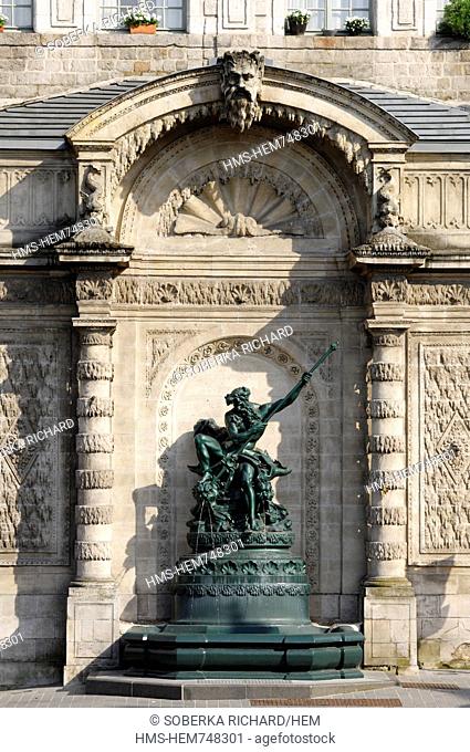 France, Pas de Calais, Arras, Fountain of Pont de Cite or Fontaine Neptune realised by the sculptor Vital Dubray in 1883 and listed in the french Monument...