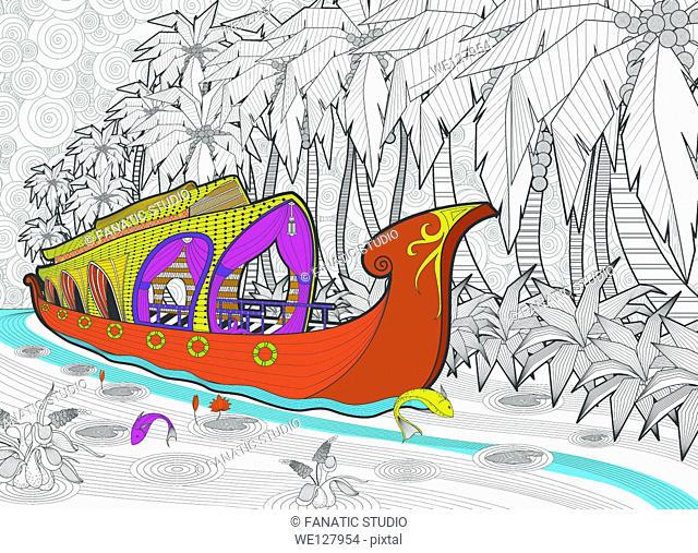 Illustration of houseboat in Kerala, India